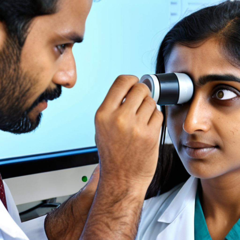 ** Eye screening importance. A friendly doctor uses modern equipment to examine a Bengali patient's eyes, highlighting early disease detection and prevention of blindness. Focus on technology like OCT.
**