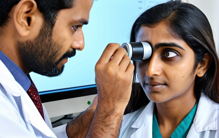 ** Eye screening importance. A friendly doctor uses modern equipment to examine a Bengali patient's eyes, highlighting early disease detection and prevention of blindness. Focus on technology like OCT.
**