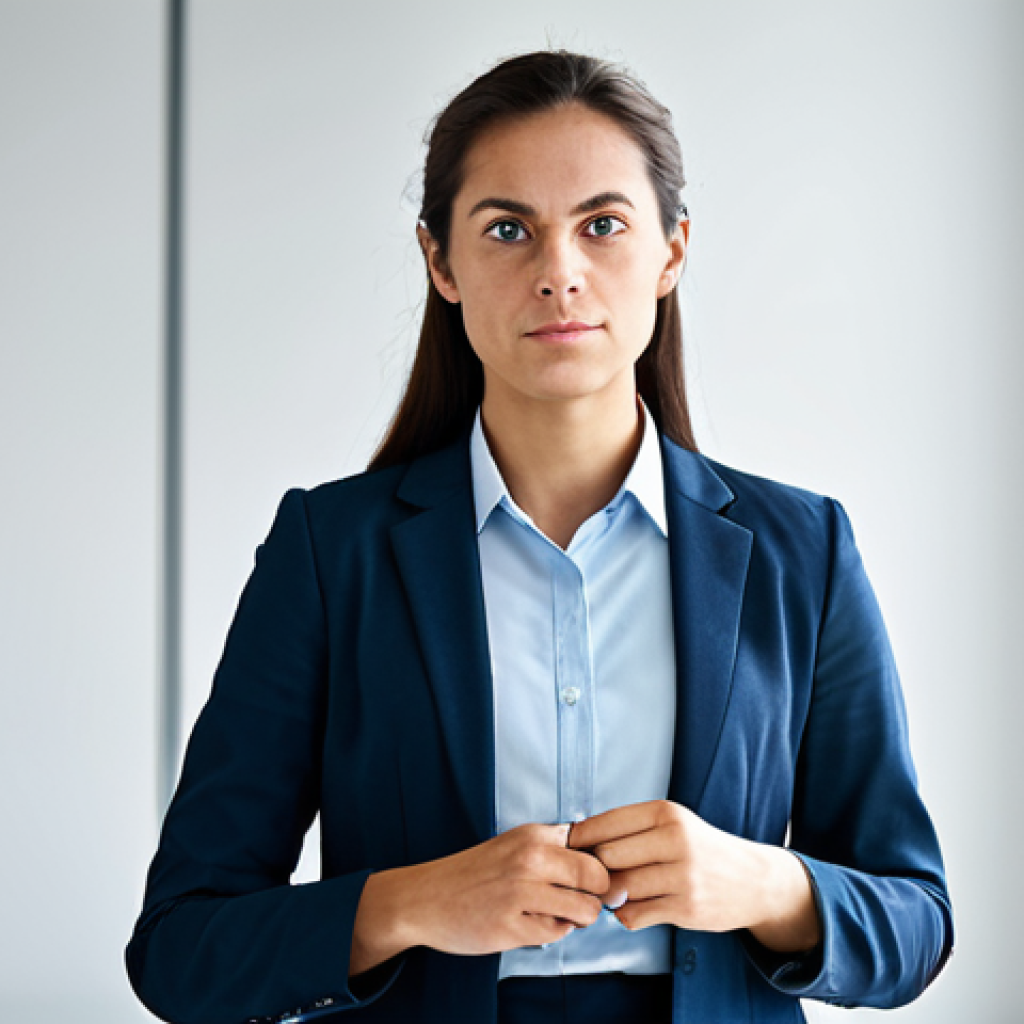 A professional individual, fully clothed in modest business casual attire, standing in a well-lit modern office. Their expression is thoughtful and slightly concerned, as if subtly noticing a visual anomaly in their peripheral vision. The background is softly blurred to emphasize the subject. This image aims to convey the subtle early signs of eye changes, promoting awareness. Professional photography, natural lighting, high resolution, detailed, perfect anatomy, correct proportions, natural pose, well-formed hands, proper finger count, natural body proportions, safe for work, appropriate content, fully clothed, modest.