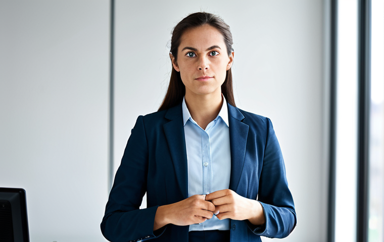 A professional individual, fully clothed in modest business casual attire, standing in a well-lit modern office. Their expression is thoughtful and slightly concerned, as if subtly noticing a visual anomaly in their peripheral vision. The background is softly blurred to emphasize the subject. This image aims to convey the subtle early signs of eye changes, promoting awareness. Professional photography, natural lighting, high resolution, detailed, perfect anatomy, correct proportions, natural pose, well-formed hands, proper finger count, natural body proportions, safe for work, appropriate content, fully clothed, modest.
