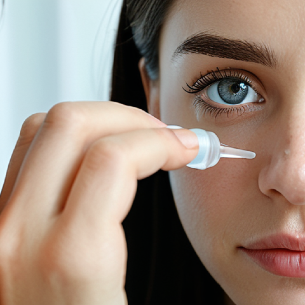**
A fully clothed woman is carefully applying eye drops to her eye. She is in a clean, well-lit room, wearing modest clothing. Focus on the close-up detail of the eye and the dropper. Safe for work, appropriate content, perfect anatomy, correct proportions, professional, family-friendly.
**