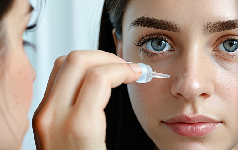 **
A fully clothed woman is carefully applying eye drops to her eye. She is in a clean, well-lit room, wearing modest clothing. Focus on the close-up detail of the eye and the dropper. Safe for work, appropriate content, perfect anatomy, correct proportions, professional, family-friendly.
**