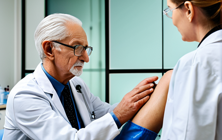 **
"A senior patient receiving an Anti-VEGF injection in a doctor's office. The doctor is wearing professional attire, and the patient is fully clothed and comfortable. Focus on the professional medical setting. Safe for work, appropriate content, professional, perfect anatomy, natural proportions."
**