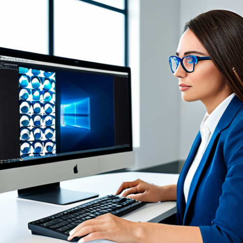 Home 19 **Subject:** A professional woman in a modest office setting, using a computer with an anti-glare screen. **Clothing:** Fully clothed in business casual attire. **Environment:** A well-lit modern office. **Details:** She is wearing blue light blocking glasses. **Modifiers:** Safe for work, appropriate content, professional, perfect anatomy, correct proportions, natural pose, high quality.