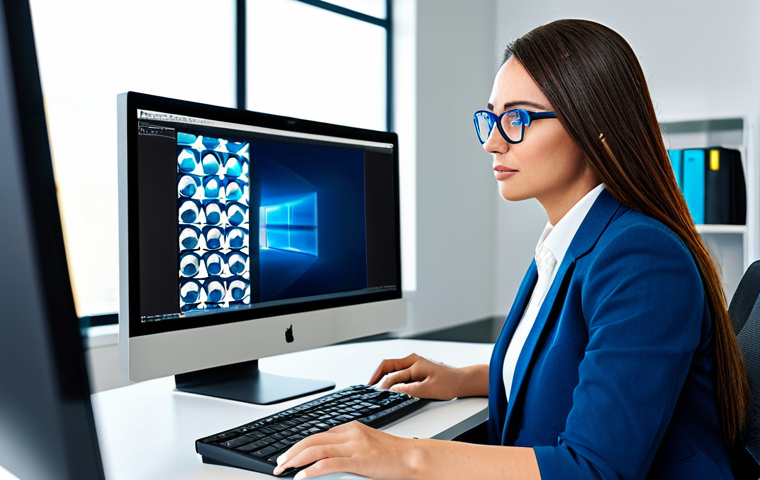 **Subject:** A professional woman in a modest office setting, using a computer with an anti-glare screen. **Clothing:** Fully clothed in business casual attire. **Environment:** A well-lit modern office. **Details:** She is wearing blue light blocking glasses. **Modifiers:** Safe for work, appropriate content, professional, perfect anatomy, correct proportions, natural pose, high quality.