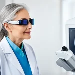 망막질환 최신 치료법 - **Prompt 1: "A compassionate ophthalmologist, wearing a white lab coat and protective medical glasse...