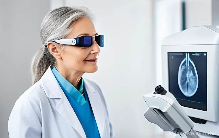 망막질환 최신 치료법 - **Prompt 1: "A compassionate ophthalmologist, wearing a white lab coat and protective medical glasse...